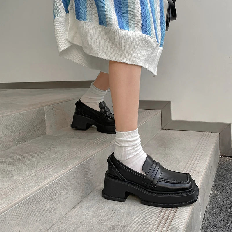 Slip On Loafers 6 CM Med Bottom Creepers Square Toe Platform Casual Shoes Vulcanized Footwear Cow Leather Loafer Shoes