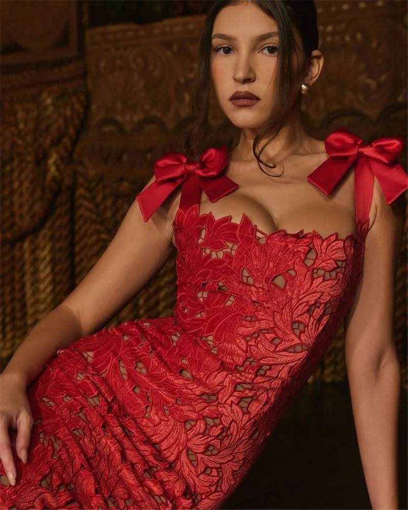 Square Neck Large Bow Shoulder Floral Lace Column Maxi Gown