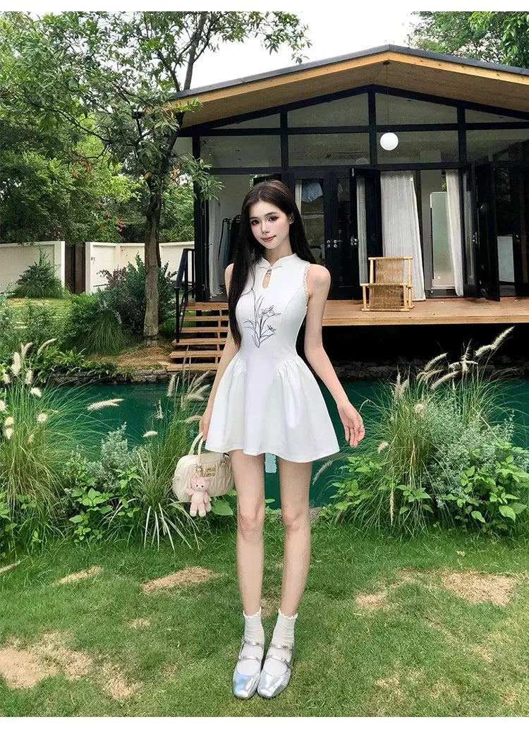 Chinese Style Printed Dress for Women's Summer Slim Fit Sleeveless Lace A-line Short Dress Fashion Female Clothes