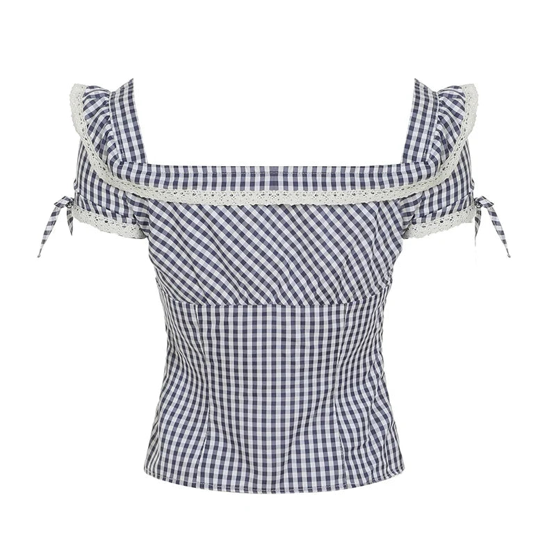 Jacquard Lace Trim Square Collar Shirt Women's Summer Button-up Short Sleeve Tops Coquette Aesthetic Slimming Shirts