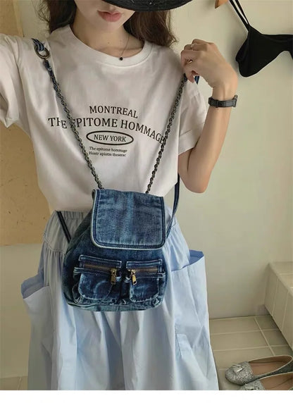 New Retro Washed Denim Backpacks Causal Multifunctional Chain Bag Women's Backpack