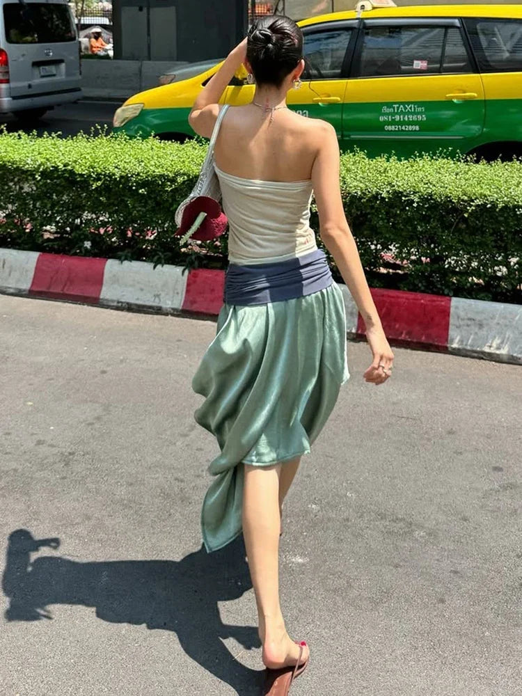 Sexy Vacation Style 2 Piece Set Woman Star Print Wrap Chest Backless Tank Tops+Color Blocking Long Skirts Streetwear