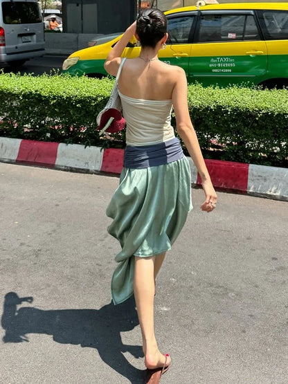 Sexy Vacation Style 2 Piece Set Woman Star Print Wrap Chest Backless Tank Tops+Color Blocking Long Skirts Streetwear
