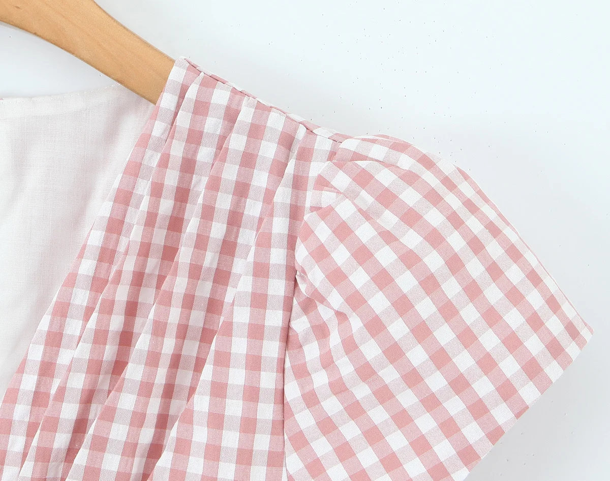 Casual Short Plaid Dresses For Women Vintage Puff Sleeve V Neck A-line Mini Vacation Dress 2026 Summer Robe