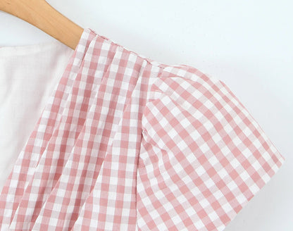 Casual Short Plaid Dresses For Women Vintage Puff Sleeve V Neck A-line Mini Vacation Dress 2026 Summer Robe
