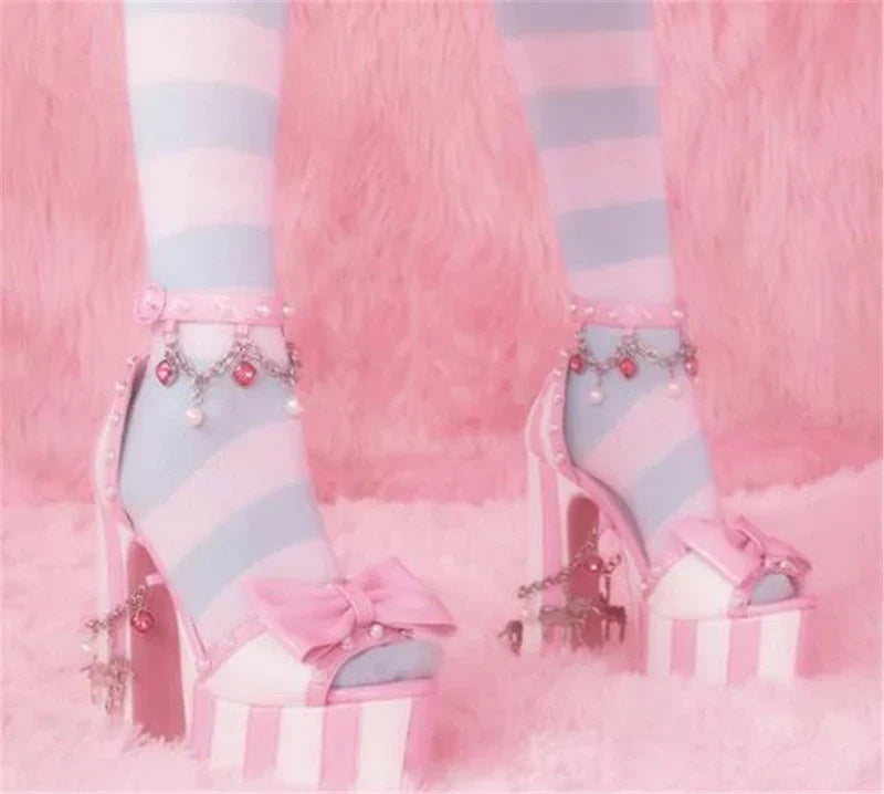 Lolita Bowtie Pink White Stripes Block Heel Sandals Women Crystal Pearl Studs Chains Platform High Heels Sandalias Shoes