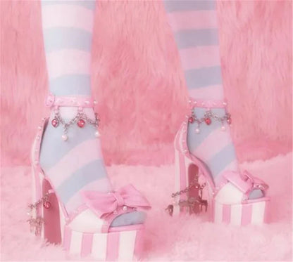 Lolita Bowtie Pink White Stripes Block Heel Sandals Women Crystal Pearl Studs Chains Platform High Heels Sandalias Shoes