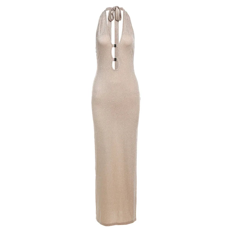 Spring/Summer New V-neck Hanging Neck Long Dress Slim Fit Sexy Open Back Dress