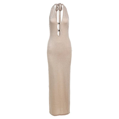 Spring/Summer New V-neck Hanging Neck Long Dress Slim Fit Sexy Open Back Dress