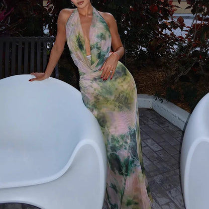 Sexy Sleeveless Printed Swinging Collar Tops&Half Skirts Sets Elegant Backless Vest High Waisted Skirts 2PC Sets Summer Outfits