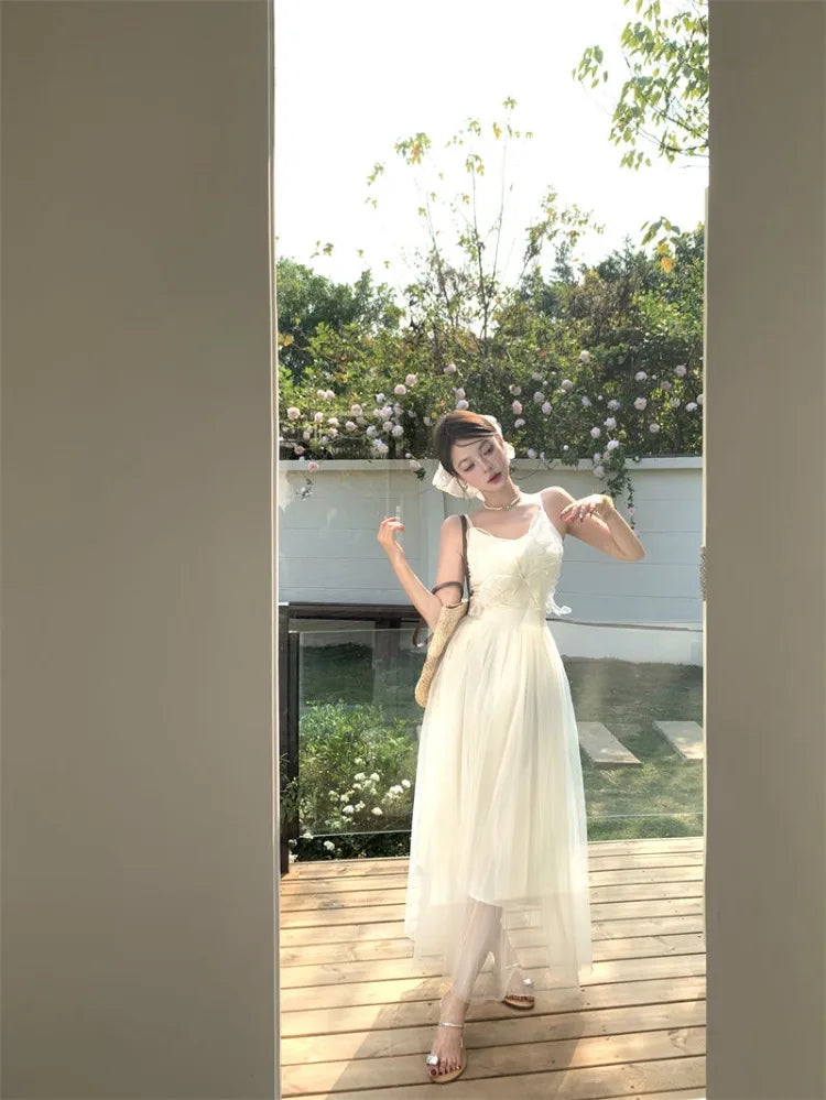 Woman Dress Sleeveless Butterfly Mesh Patchwork Slim Backless Holiday Princess Sweet Elegant Dresses Female Chic