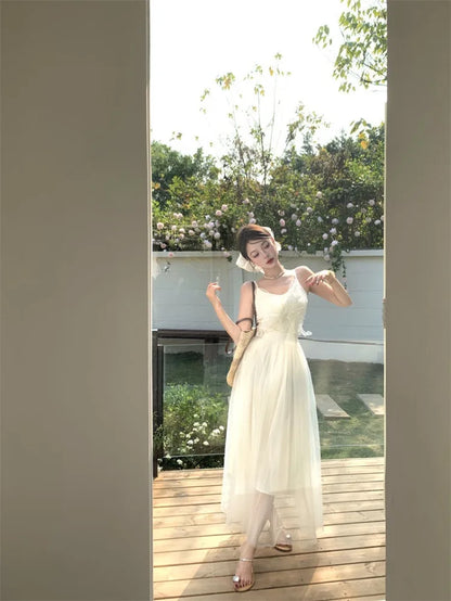 Woman Dress Sleeveless Butterfly Mesh Patchwork Slim Backless Holiday Princess Sweet Elegant Dresses Female Chic