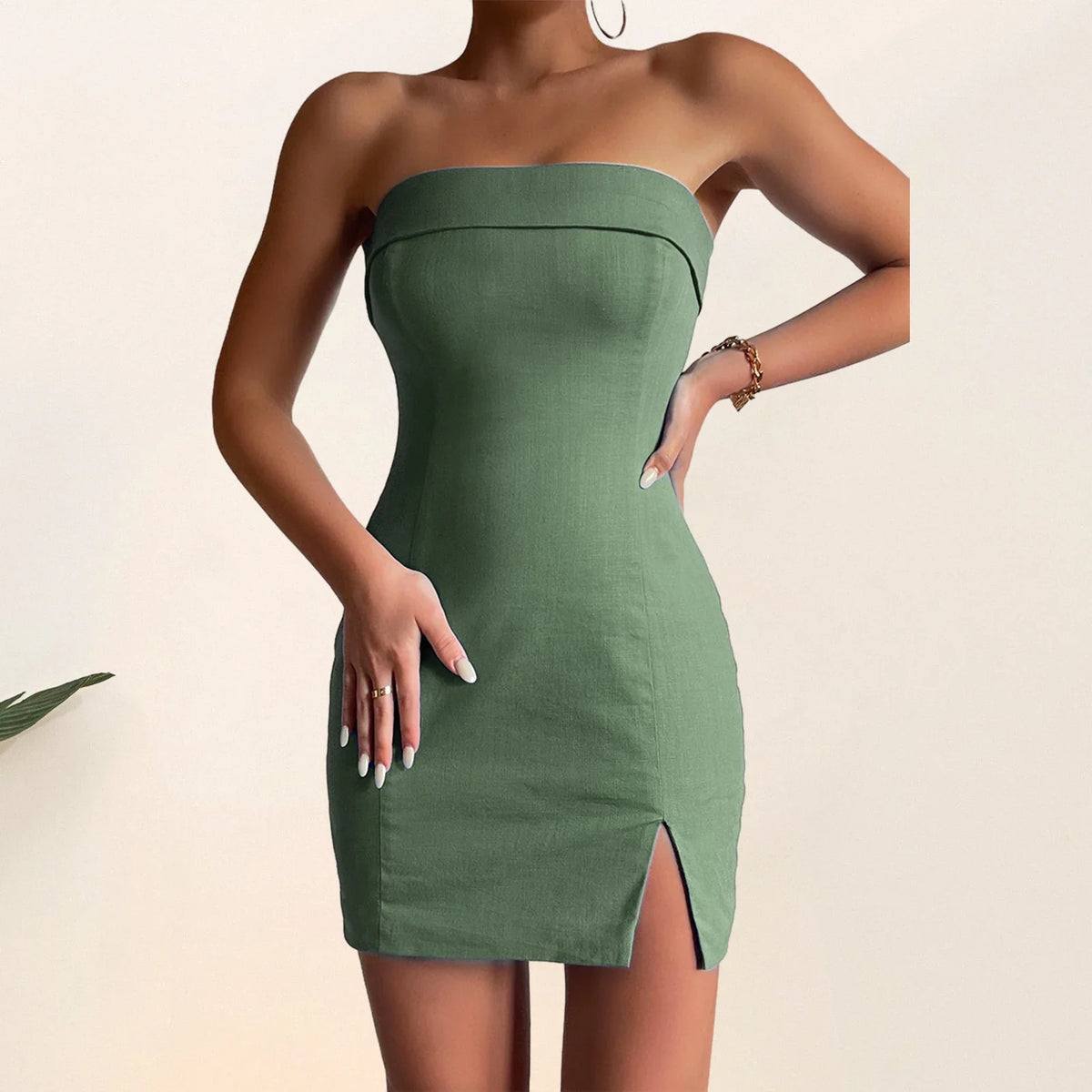 Women Sleeveless Mini Dress Skinny Strapless Slim Dress Side Split Sexy Sheath Dress Solid Color Evening Party Dress