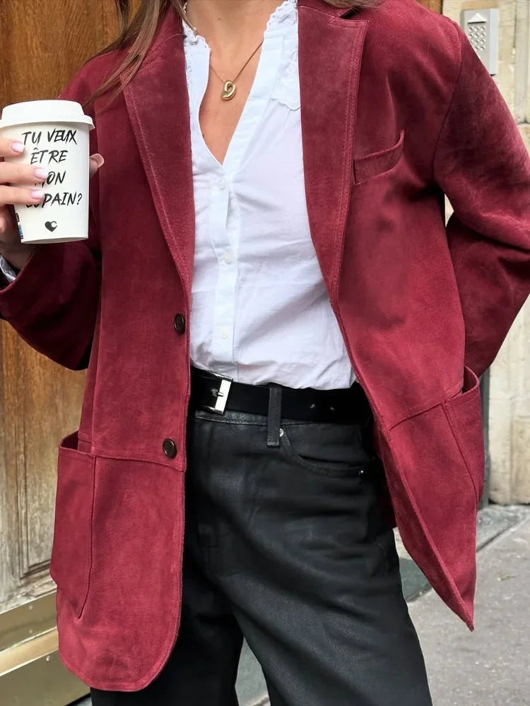 Vintage Wine Red Suede Lapel Jacket Women Chic Single Breasted Laple Full Sleeve Loose Office Elegant Overcoat Autumn