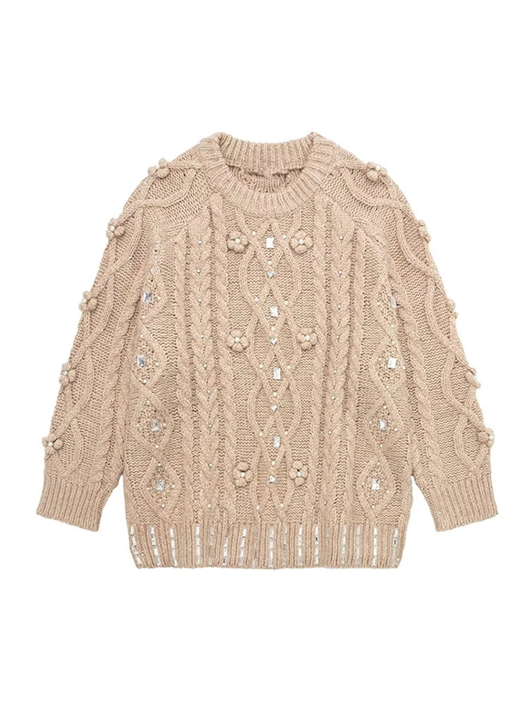 3D Flower Knit Pullover Women Loose Fashion Sequin Round Neck Long Sleeves Jumper Female Autumn Winter Warm Knitwears Lady
