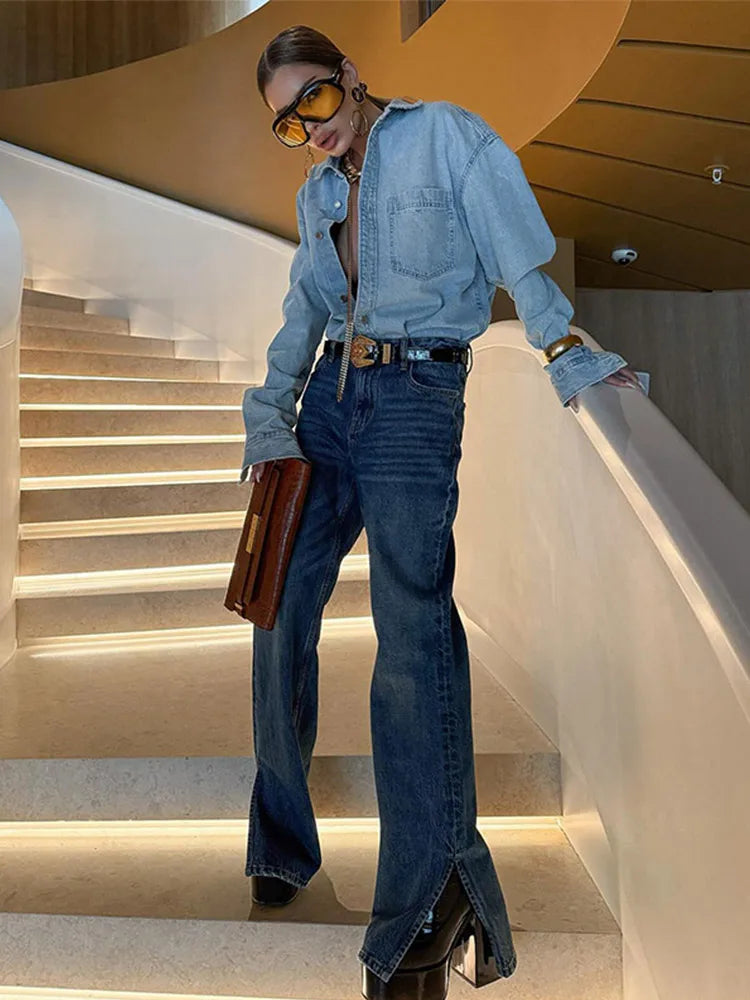 Versatile Straight Side Split Denim Pants Women Casual Light Flared High Waist Long Jeans Female Spring Winter Chic Street Pant
