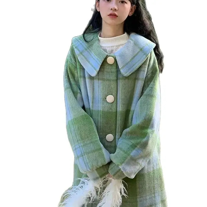 Woolen Coat Loose Fit Plaid Green Button Design Doll Collar Big Size Long New Long Sleeve Women Fashion Tide Autumn Winter
