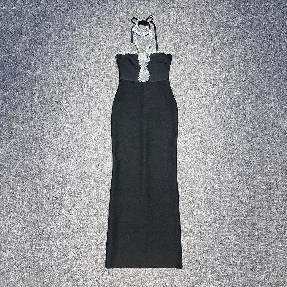 Halter Crystal Strap Keyhole Cutout Column Maxi Gown