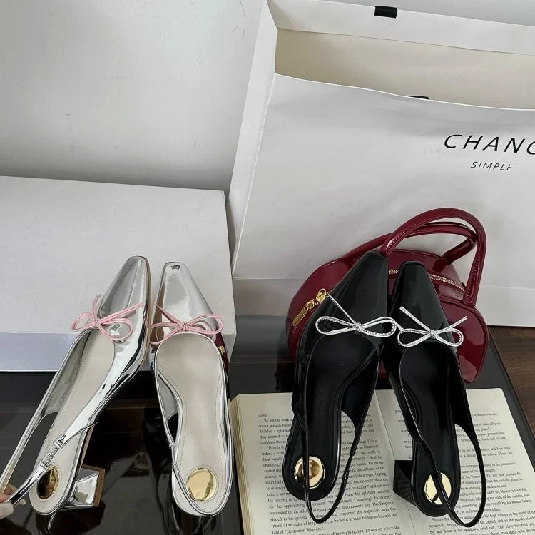 Women's Shoes Silver Block Heels Closed Toe Sandals Shallow Mouth 2025 Summer Chunky Bow Open Retro Pointed Girls New Butterfly-