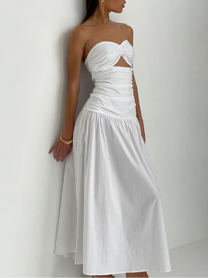 Sexy Hollow Pleated Backless Corset Maxi Dress Women Off Shoulder Solid Fashion Slim Dresses 2024 Summer Chic New Beach Robes