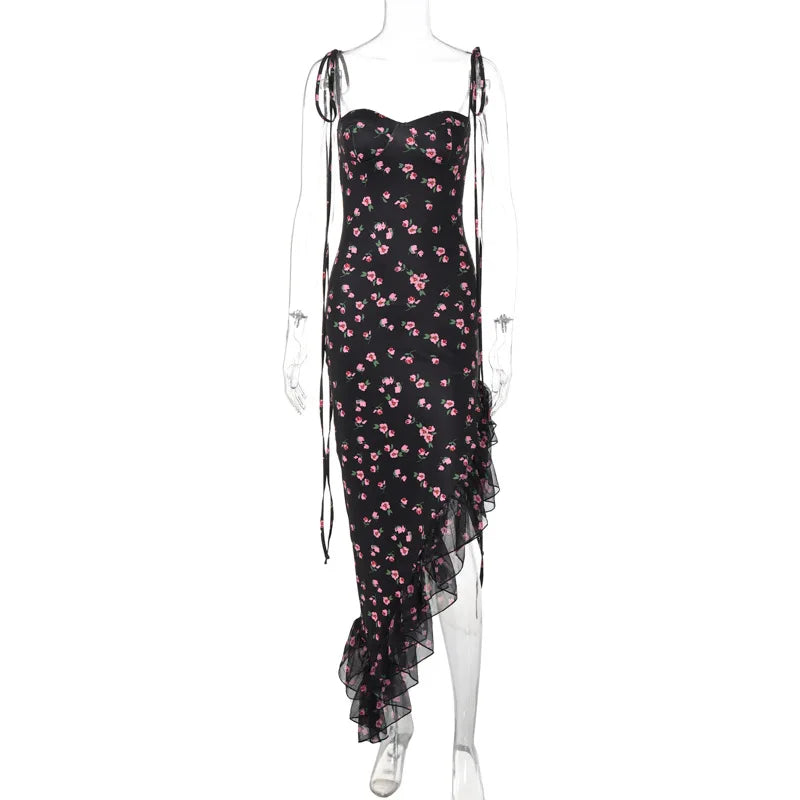Women's Floral Print Bandage Suspender Holiday Dress Sexy Summer Lace-up Sleeveless Irregular Mesh Ruffles Black Evening Dresses