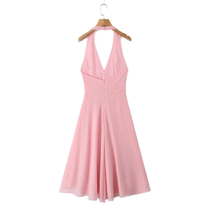 Halter Deep V Pleated Fit and Flare Midi Dress