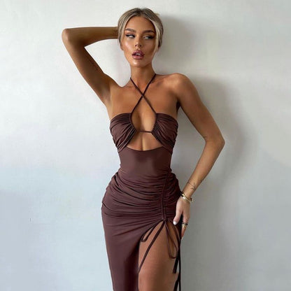 Halter Cross Front Ruched Midriff Cutout Thigh Slit Bodycon Maxi Dress