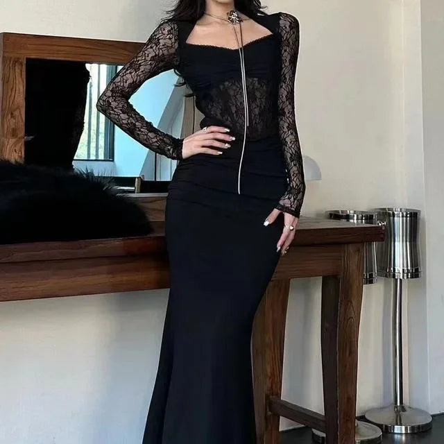 Black Lace Stitching Slightly See-through Dress Women Temperament Evening Short Dresses Autumn New Party Long Bodycon Dress