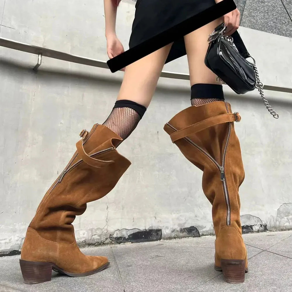 New Wide Leg Maillard style Brown Western Boots Women Pointy Tow Square Heels Vintage Zipper Knee High Boots Shoes