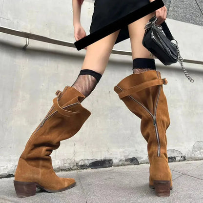 New Wide Leg Maillard style Brown Western Boots Women Pointy Tow Square Heels Vintage Zipper Knee High Boots Shoes