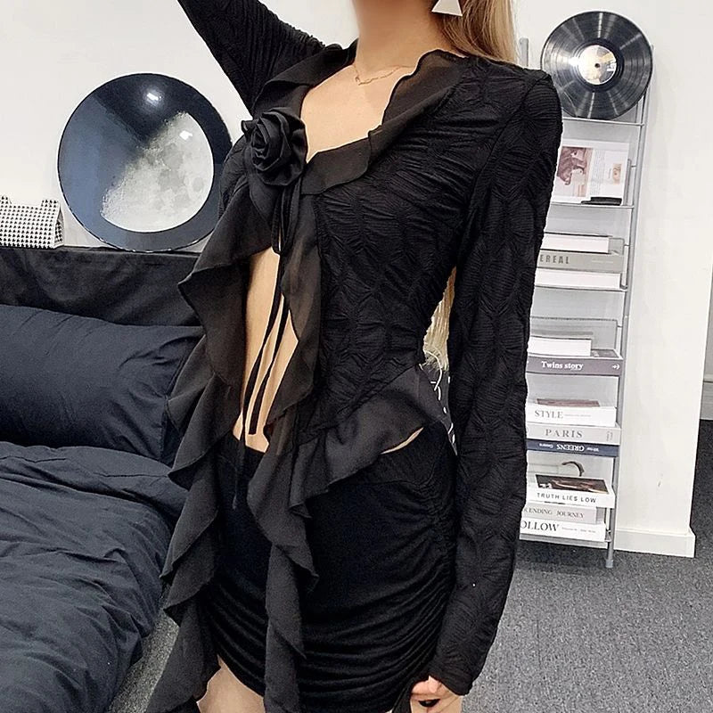Y2K Irregular Black Shirts Women Harajuku Sexy Cropped Ruffles Flower Blouses Summer Gyaru Gothic Lace Up Long Sleeve Tops New