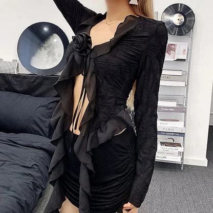 Y2K Irregular Black Shirts Women Harajuku Sexy Cropped Ruffles Flower Blouses Summer Gyaru Gothic Lace Up Long Sleeve Tops New