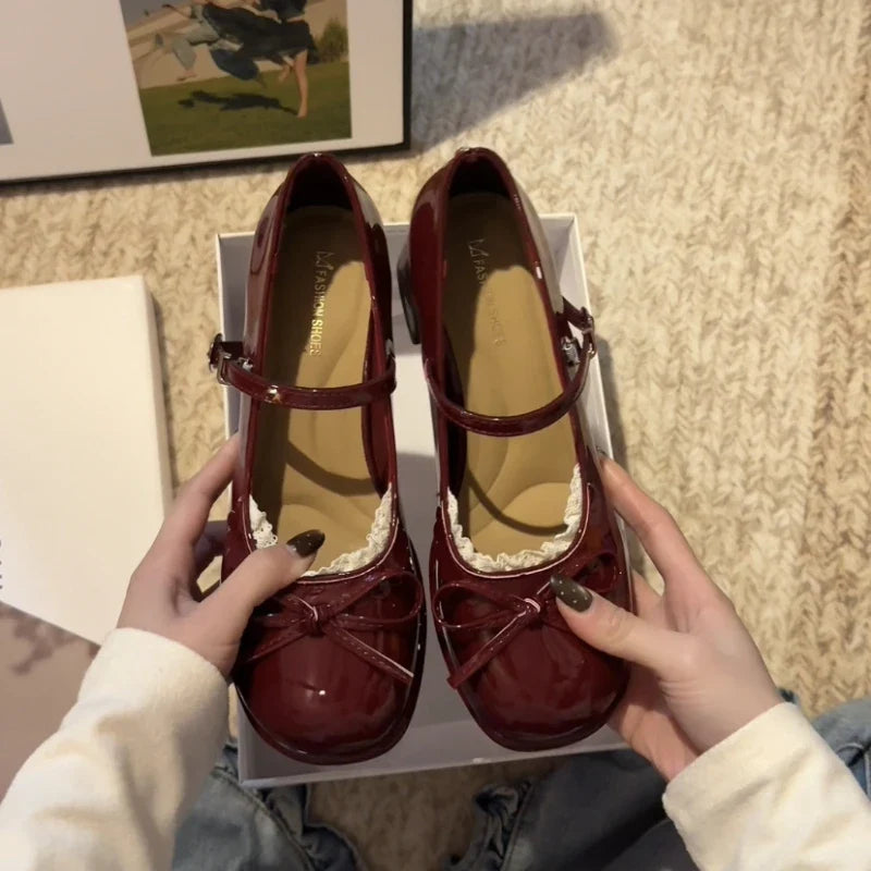 Spring Butterfly-knot Women Mary Jane Shoes Ladies Shallow Buckle Strap Shoes Eelgant Thick Heel Dress Leather Shoes