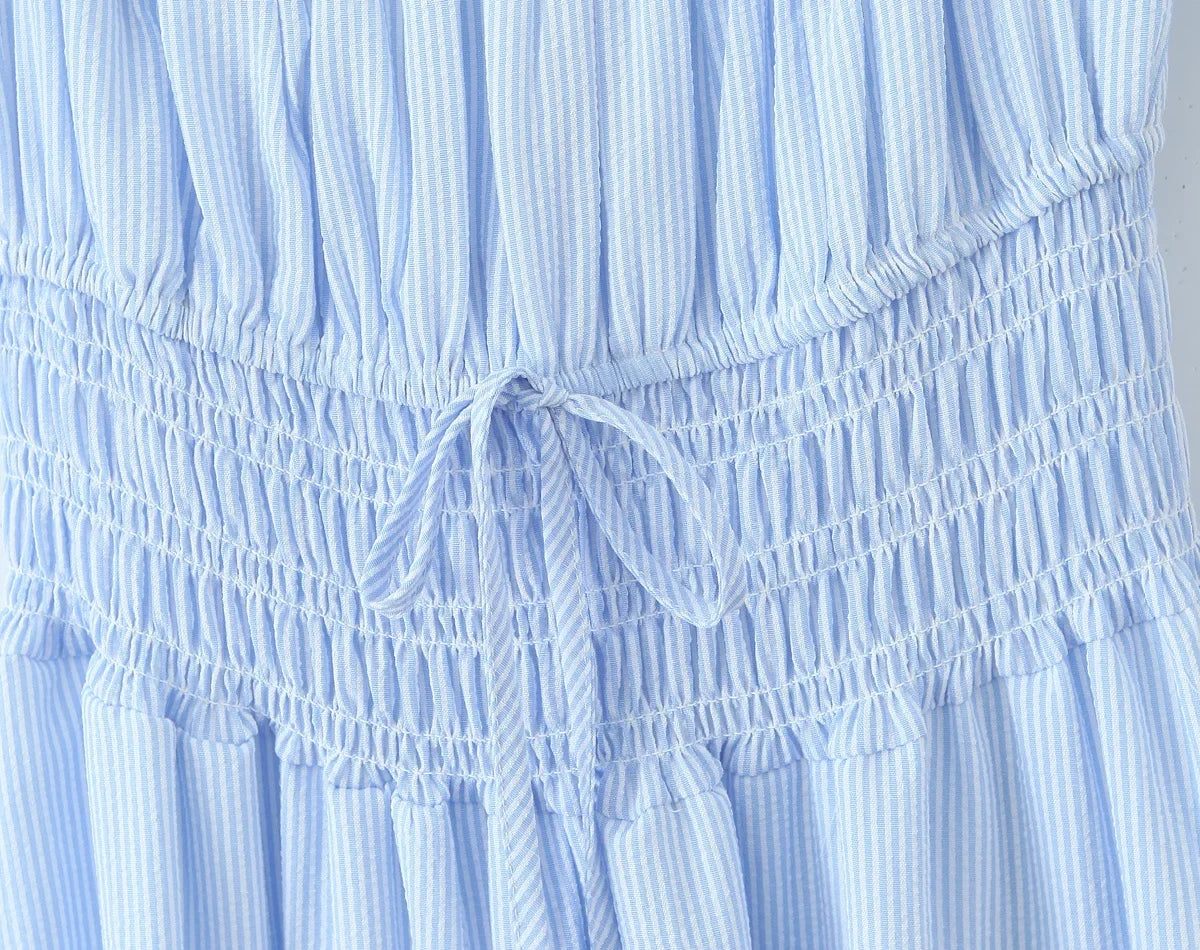 Rural Style Striped Dress New 2026 Women Pink Blue Puff Sleeve Casual Elegant Vacation Summer Dresses Midi Robe