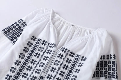 White Bohemia Tops Cotton Embroidery 2024 Autumn Blouse Shirt Women Casaul Loose V Neck Boho Pullover Camisas Mujer