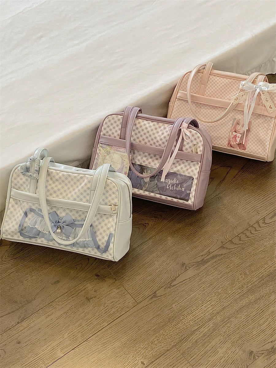 Sweet Girl Japanese Original Pink Plaid Small Capacity Transparent Pain Bag Baby Bag Two-dimensional Student Shoulder Bags