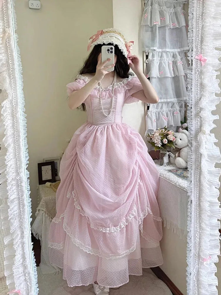 Gentle Pink Puff Sleeve Op Dress Floral Wedding Lolita Waist Slimming Bow Tail