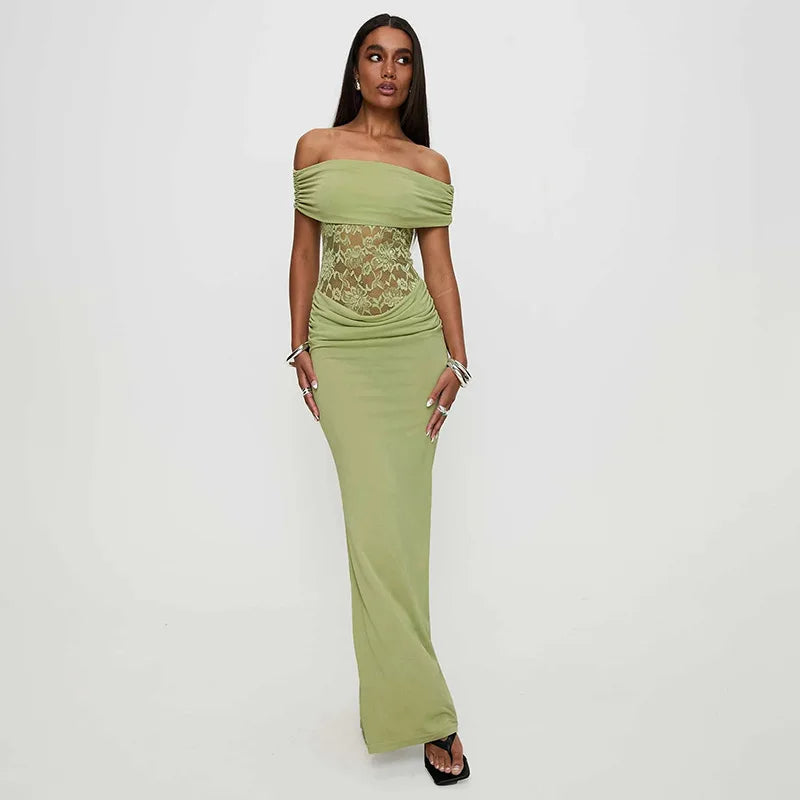Off Shoulder Floral Lace Panel Ruched Bodycon Maxi Dress