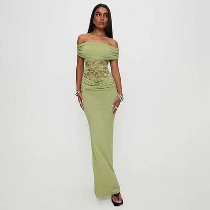 Off Shoulder Floral Lace Panel Ruched Bodycon Maxi Dress