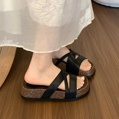Flat Shoes Female Med Ladies' Slippers Slipers Women Platform 2024 Beach Soft Rome Rubber Fabric Slides Retro Casual PU Scandal