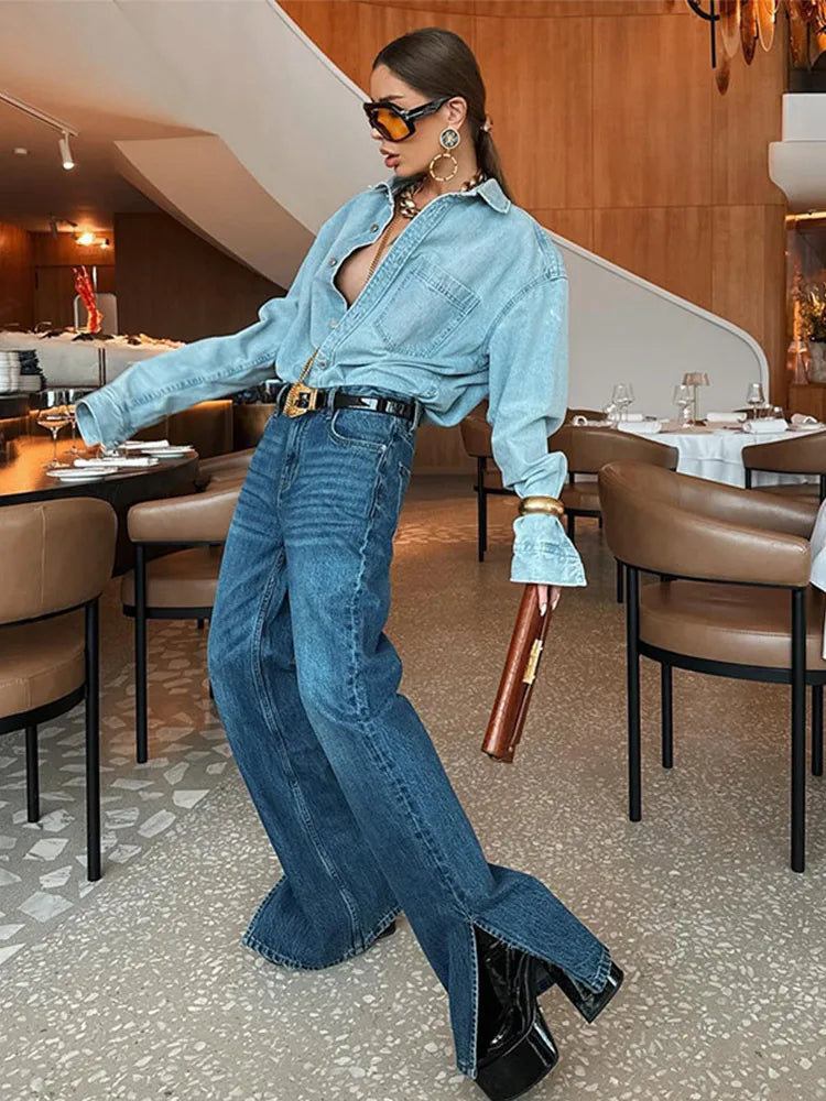 Versatile Straight Side Split Denim Pants Women Casual Light Flared High Waist Long Jeans Female Spring Winter Chic Street Pant