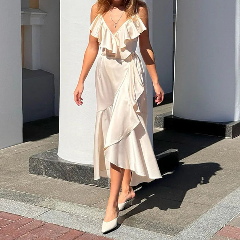 Chic Female Strap Draped Long Dress 2024 Elegant Ruffle Split Swing Party Dress Women New Solid Lace-up French Style Dresses