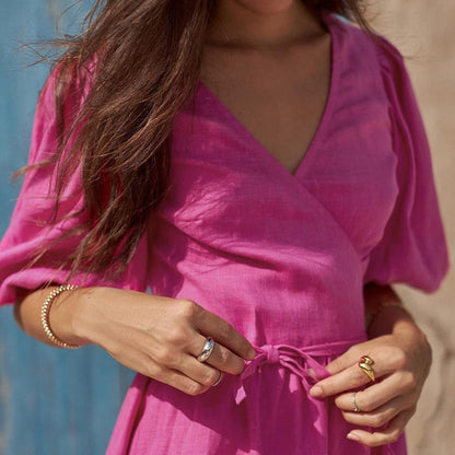 Puff Sleeve Wrap V Neck Side Slit Linen Midi Dress