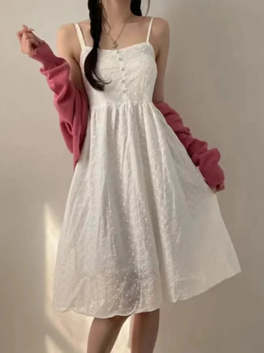 Chic Summer Age-Defying Gentle Style Square Collar Sleeveless Women's Commute Versatile Meat Concealing Dress Cotton High Waist