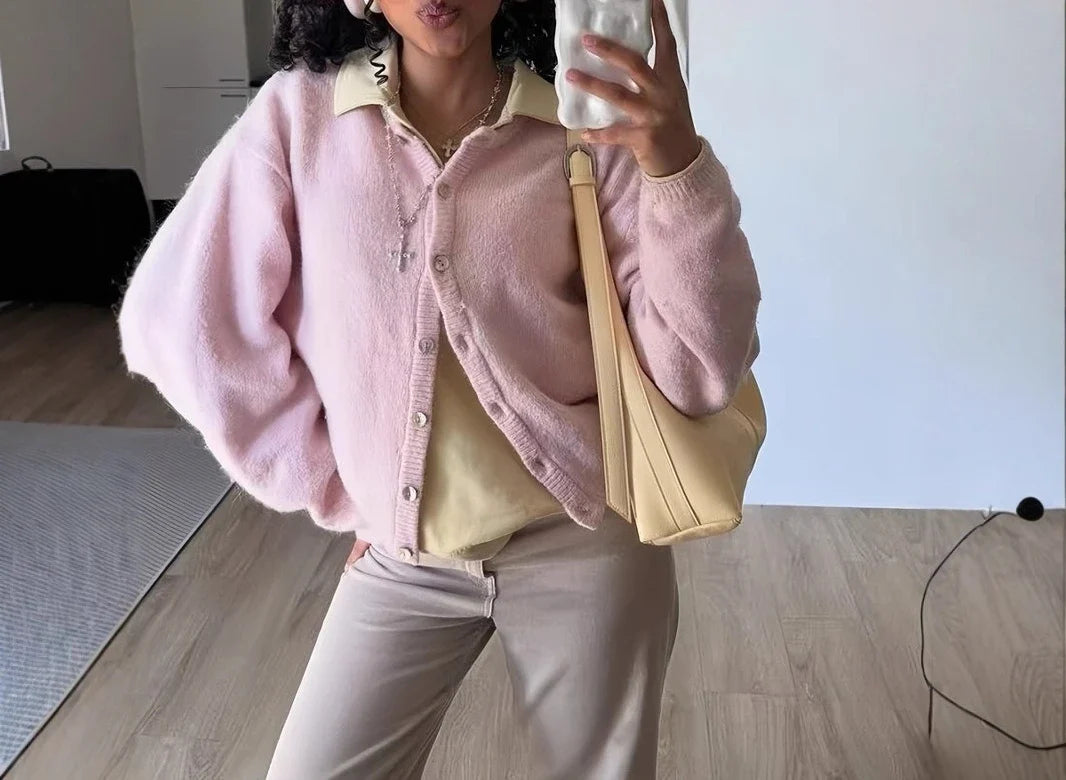 New Product Lazy Hundred Flowers Velvet Shell Button Cardigan Coat | Knitted Crew Neck Daily Versatile