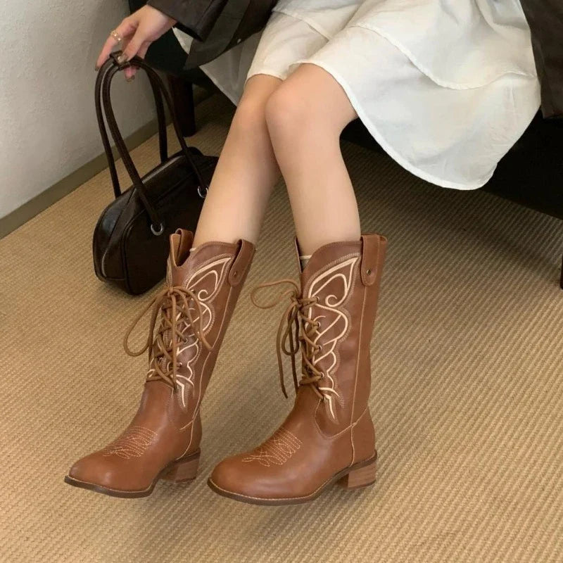 Retro Butterfly Embroidery Wedges Ankle Boots Women Fashion Rivet Sewing Lace Up Mid Calf Boots Luxury Cozy Brand Designer Boots