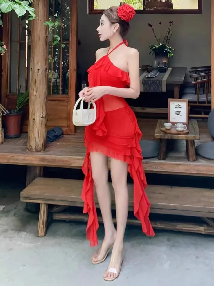 Sexy Dresses Women Irregular Ruffles Sleeveless Halter Mesh Patchwork Slim Backless Elegant Dress Party Female Holiday