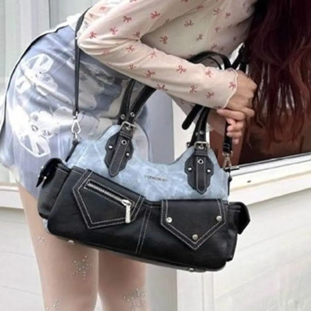 Women's Fashion PU Leather Shoulder Bag Large Capacity Crossed Color Cowboy Backpack Multifunctional Underarm Bag Casual Outing