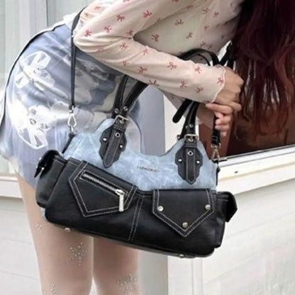 Women's Fashion PU Leather Shoulder Bag Large Capacity Crossed Color Cowboy Backpack Multifunctional Underarm Bag Casual Outing