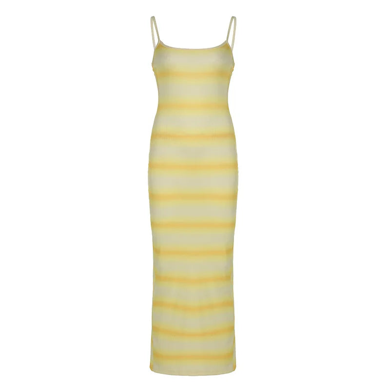 Bright Stripe Gradient Long Dresses Women Suspender Summer Hawaii Beach Maxi Dress Clothing For Female Casual Partywear